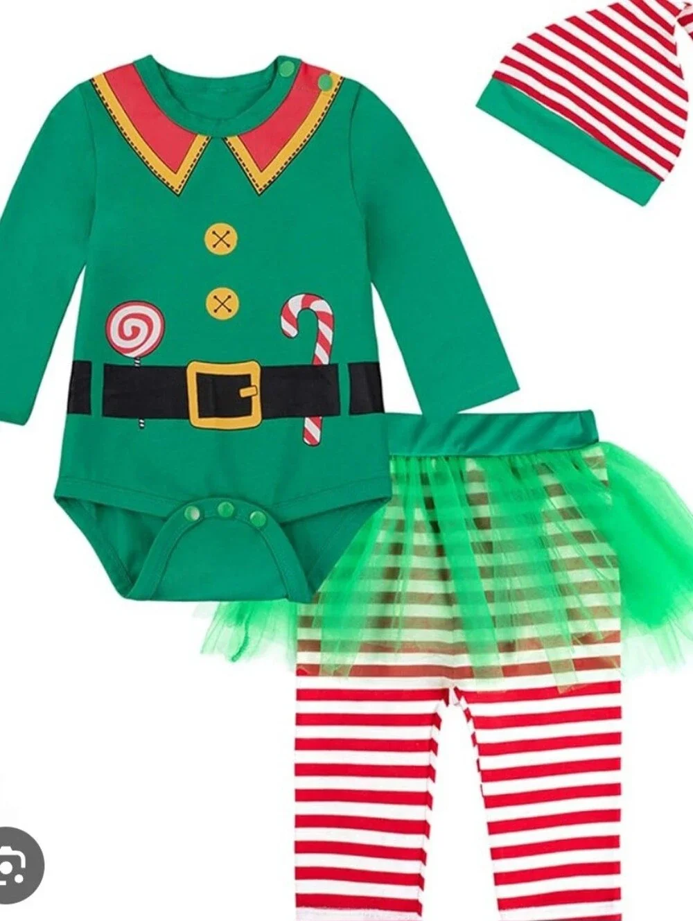 Green Elf Baby Costume Set with Red Striped Pants